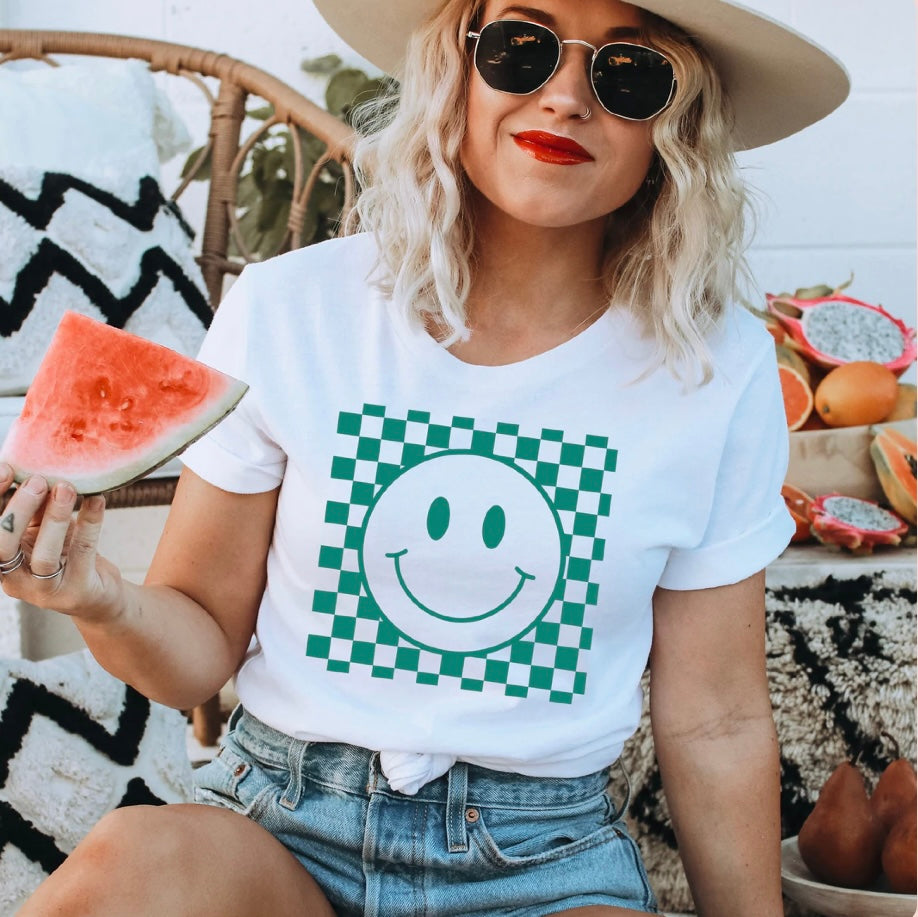 Checkered Smiley Tshirt- Teal